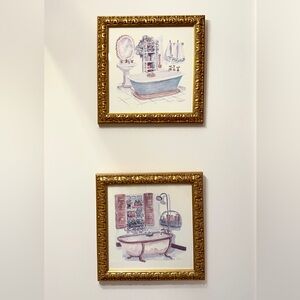 Vintage C. Winterle Olson Framed Art Set Ornate Gold Bathroom Prints (Pair)